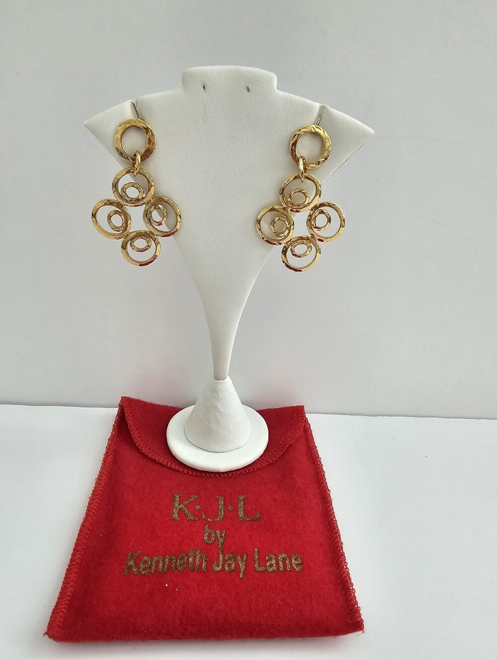 Kenneth Jay Lane KJL Hammered Gold Concentric Circle Drop Statement Earrings Box